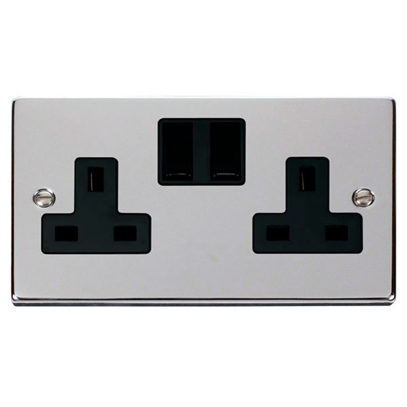 Polished Chrome 2 Gang 13A Twin Double Switched Plug Socket