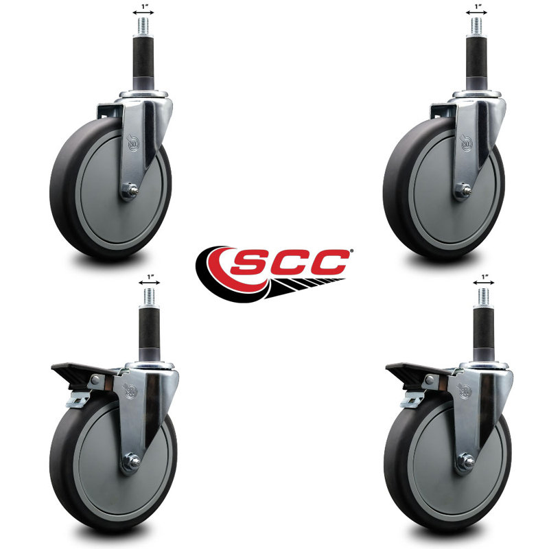 Thermoplastic Rubber Wheel Swivel 1 Inch Expanding Stem Caster Set 2 Brakes SCC