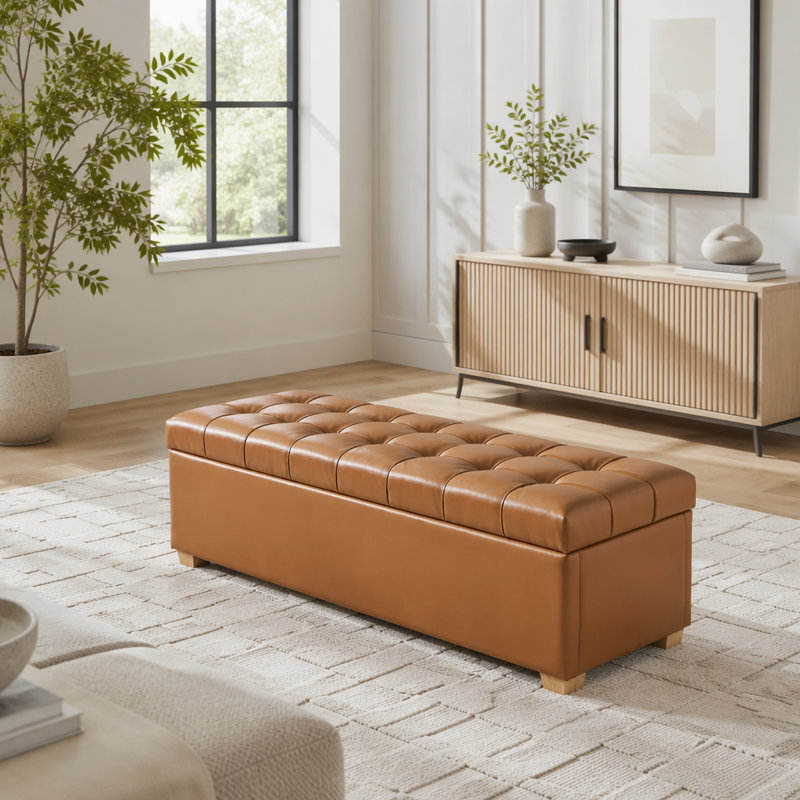 Banc de rangement rembourré en polyuréthane de 60,2 po de large avec repose-pieds capitonné avec repose-pieds, Brun