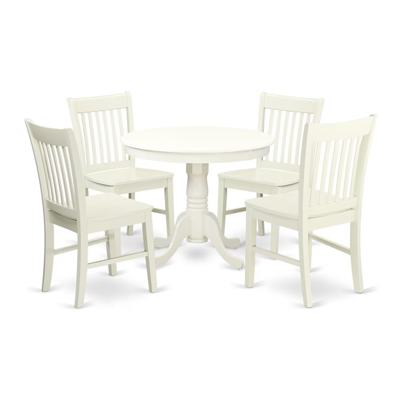 Ensemble de 5 pièces pour coin-repas pour 4 personnes comprenant une table de cuisine ronde avec piédestal et 4 chaises de salle à manger, 36 po x 36 po, lin blanc