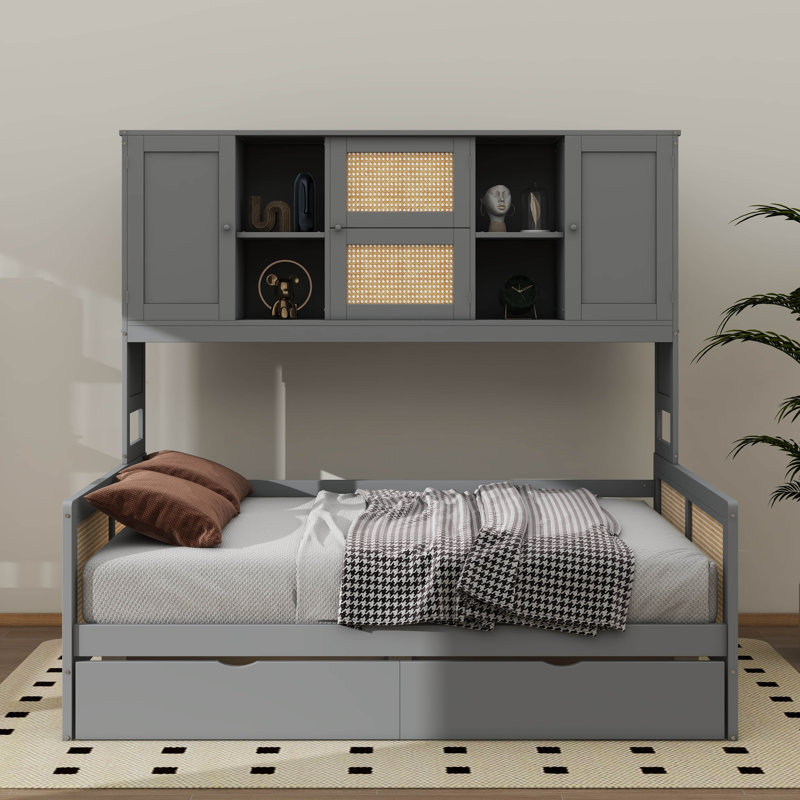 Lit de jour en bois massif avec 2 tiroirs, armoire et étagère - Lit de rangement multifonctionnel, Gris, Lit double