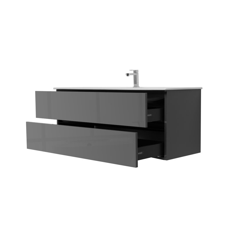 Ensemble de meuble-lavabo mural simple 48 po avec plateau en céramique Veneto, Anthracite, Blanc