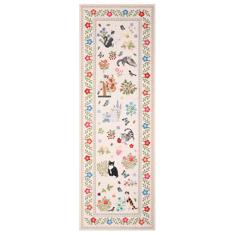 Floral Bordered 2×6 Non Slip Soft Runner Rugs for Hallway Entryway Kitchen Floor Modern Animal Cat Washable Soft Indoor Carpet