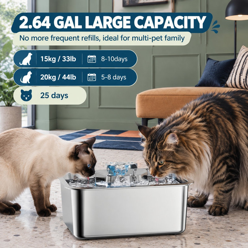 10L Stainless Steel Automatic Pet Fountain for multi-pet homes, supplied with 4 filters and featuring an ultra-quiet pump with circulating water flow.