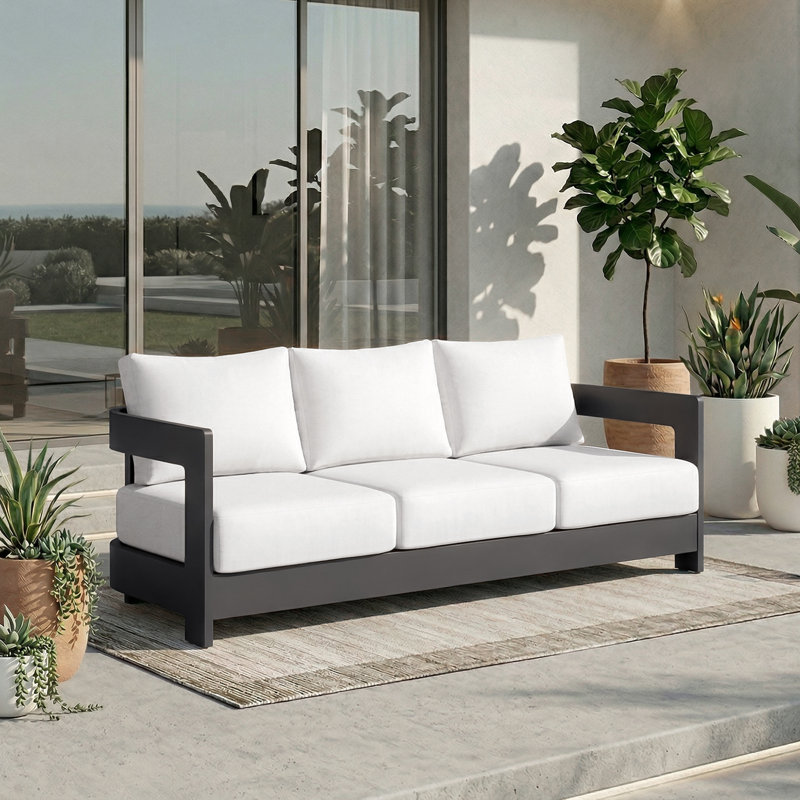 Canapé de patio en aluminium 76 po avec coussins Sunbrella Frances, Coussin blanc / cadre noir
