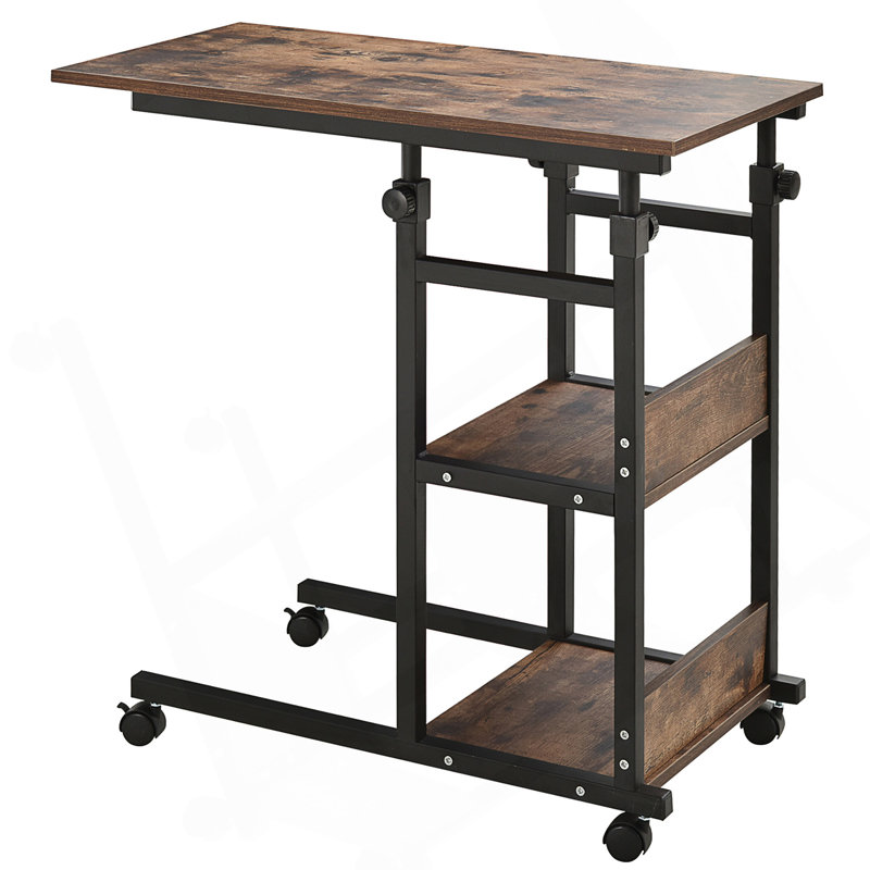 Industrial C-Shaped Mobile Rolling Sofa Side Table With 3-Tier Storage Shelving, Adjustable Height, And Wheels For Versatile Use