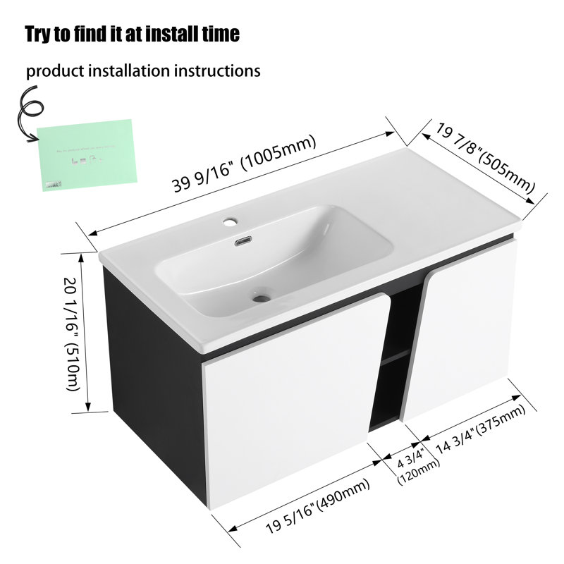 Meuble-lavabo mural simple 40 po avec comptoir en céramique