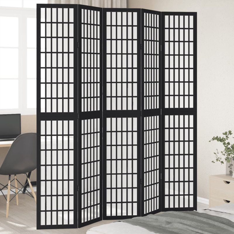 175cm W 5 - Panel Folding Room Divider, 220cm H x 175cm W x 0.16cm D, Black