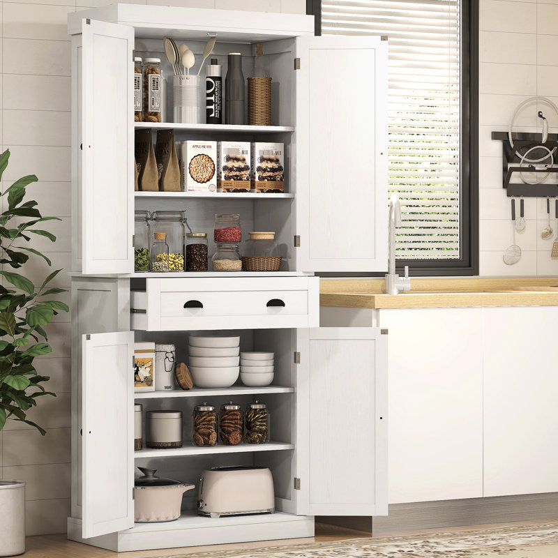 Armoire à grain de bois blanc, 72,5 po. 4 portes et tiroir avec 3 tablettes réglables. Pour un rangement polyvalent. Traditionnel pour la salle à manger. Capacité de 220 lb. Assemblage requis Portes de garde-manger de 72,5 po