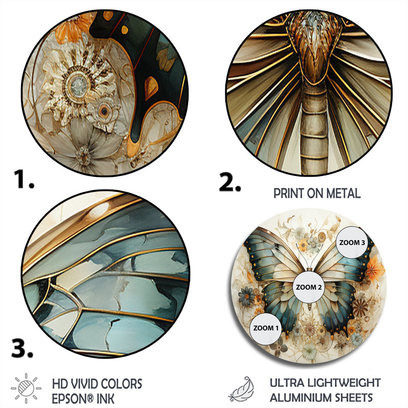 Papillon beige sarcelle, motifs complexes - animaux, art rond en métal, H 23 po x l 23 po