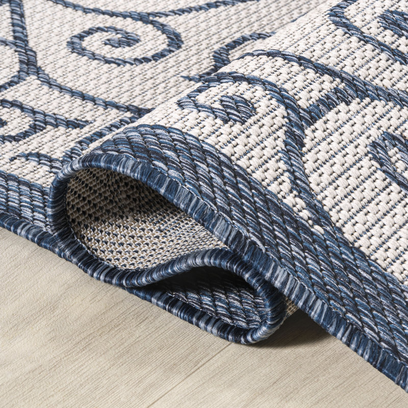 Tapis d'intérieur / extérieur bleu / crème Deronte, Rectangle 7 pi 9 po x 10 pi