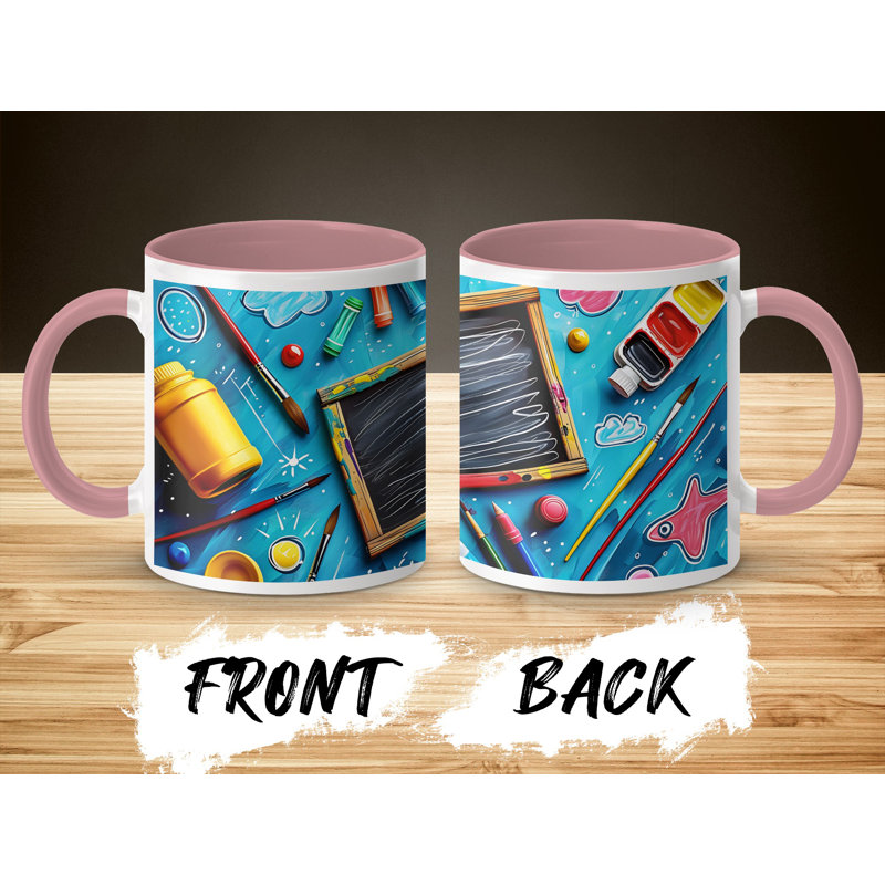 Kids Drawing Style 11oz Accent Mugs – Ceramic Coffee Cup with a Pink Handle and Interior