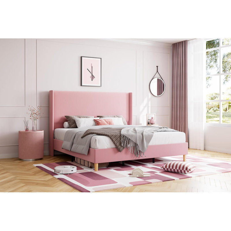 Upholstered Corduroy Bed Frame, Bed Frame with Wingback Headboard, Full, Pink
