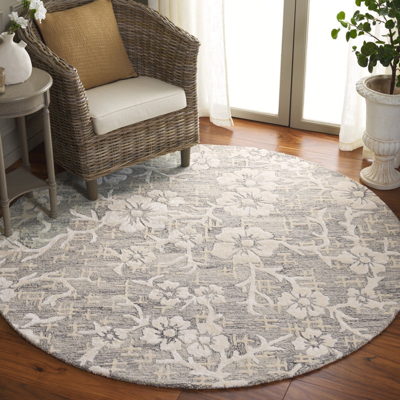 Sirish Hand Tufted Wool/Viscose/Cotton Floral Rug in Ivory/Gray, Round 6'