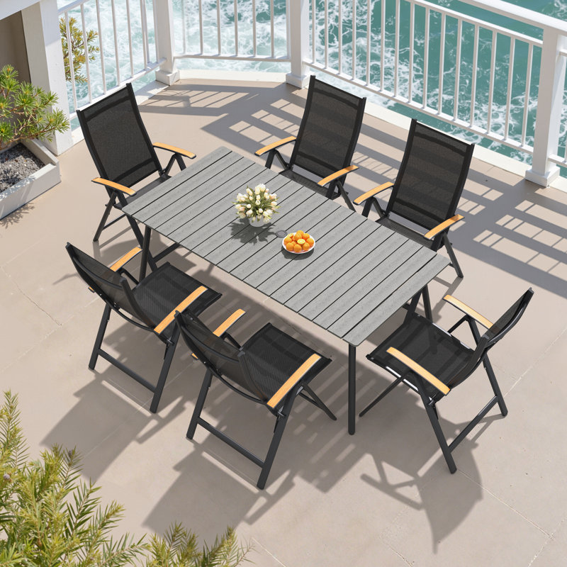 Ensemble repas pour 6 personnes avec structure en aluminium et fauteuils inclinables pliés, Gris