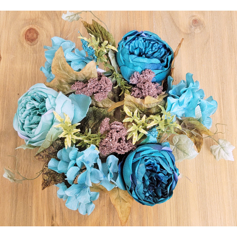 Couronne de polyester en forme de bougie rose et hortensia, Bleu sarcelle