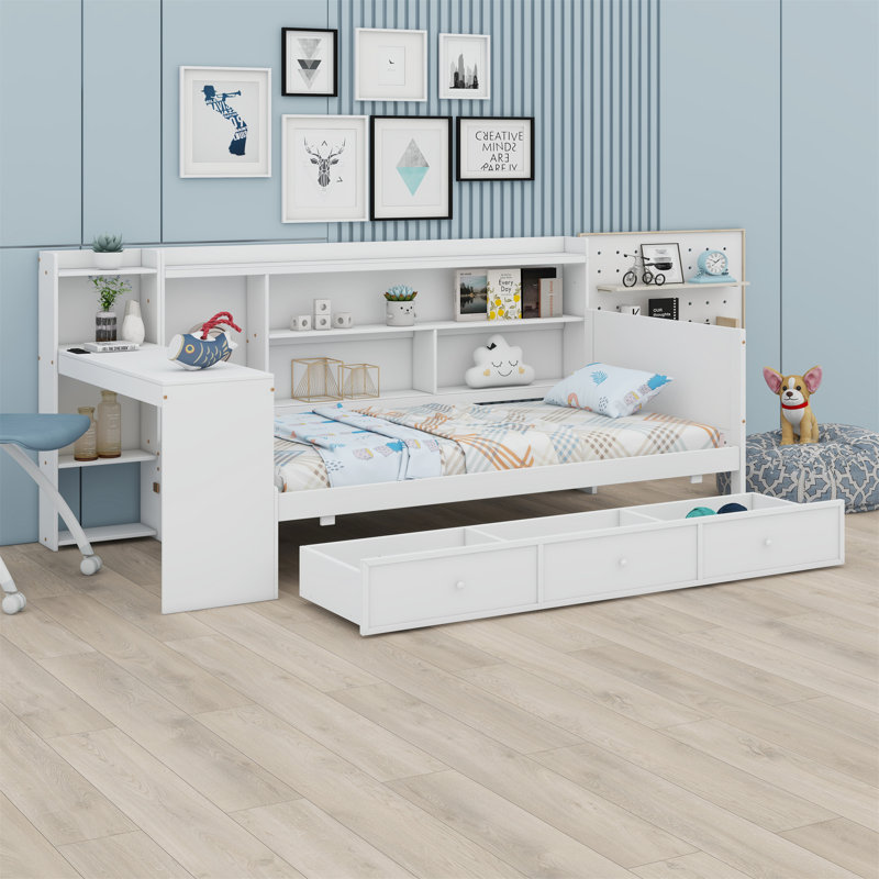 Lit de jour avec 3 tiroirs, ports USB et bureau, Blanc