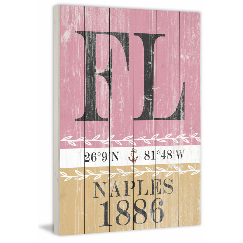 Naples 1886-sans cadre, art textuel sur bois, H 18 po x l 12 po x 1,5 po