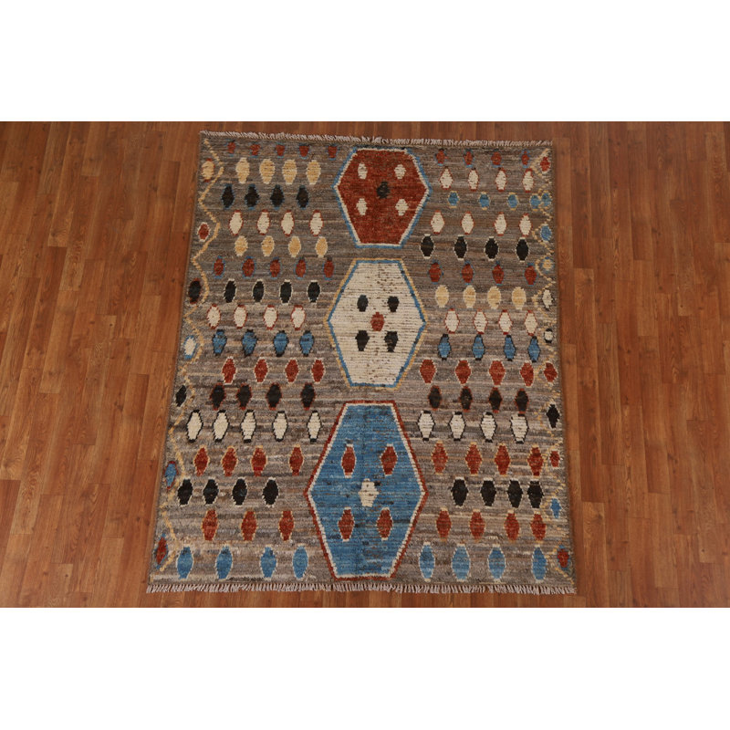 Tapis brun en laine noué à la main de conception unique 5 pi 1 po x 6 pi 4 po New Age