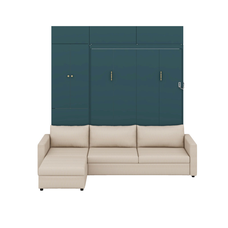 Grand lit escamotable avec canapé et tablettes, Vert / Beige