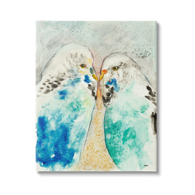 Paire de perruches bleues parsemées d'aquarelle par Patti Mann - Peinture sur toile, H 40 po x l 30 po x P 1,5 po