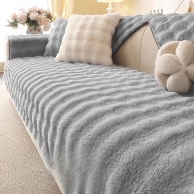 Soft Plush Faux Fur Couch Cover, Thick Warm Fuzzy Sectional Sofa Covers for 3 Cushion Couch Sofa L Sharped Sofa Non Slip Slipcover, Furniture Protector Covers for Pets,36"x94"(Grey)