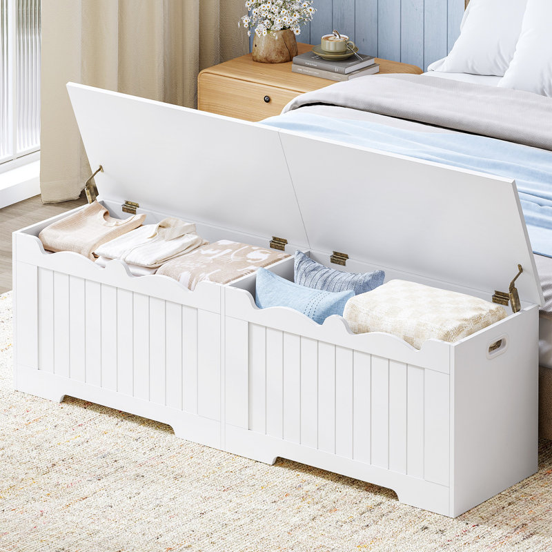 Coffre de rangement 59 po, coffre de rangement avec 2 charnières, boîte en bois, organisateur de coffre à plateau relevable, banc à chaussures pour entrée, chambre à coucher, salon, blanc