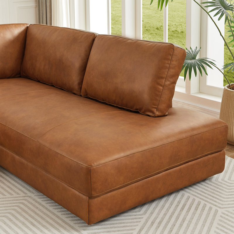  Byrle Mid Century Modern Genuine Leather Cozy Sectional Sofa, Right Hand Facing, Cognac Genuine Leather