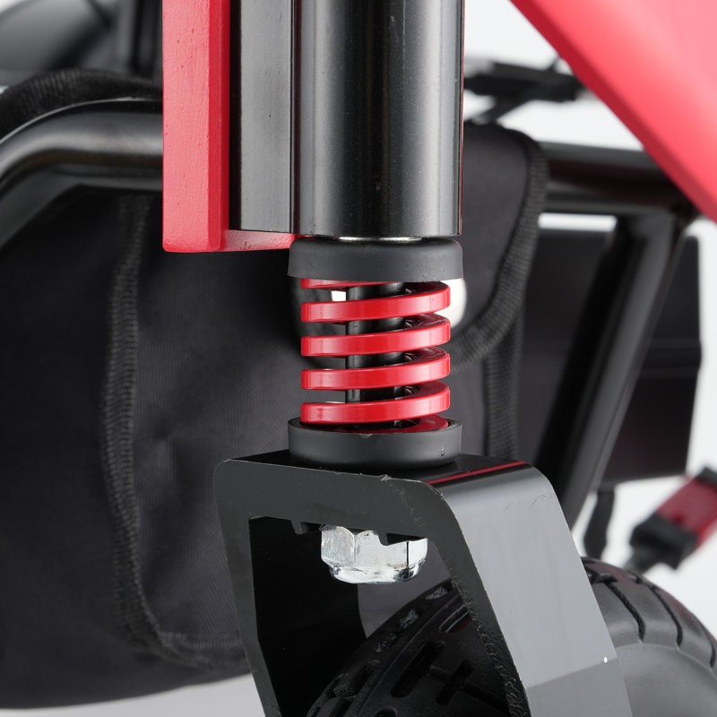 Fauteuil roulant électrique pliable en aluminium rouge et noir de 116 cm de hauteur, avec auvent de pluie et éclairage.