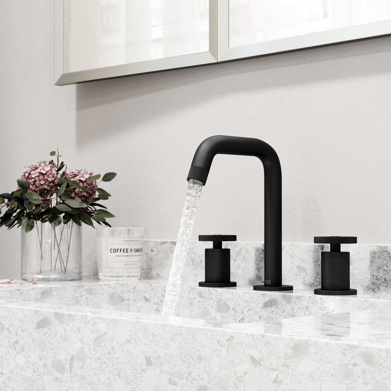 Cass Widespread 3-Hole Bathroom Faucet, 2-Handle High Arc With Wheel Knob Handles In Matte Black, Matte Black