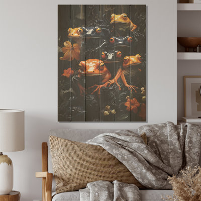 Orange Frogs On Glass Effect I - Frogs & Toads Wood Wall Art On Natural Pine Wood