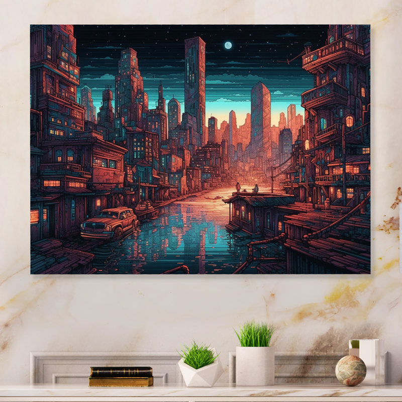 Décoration murale orange et bleue Metropolis - City Art Deco, Rectangle H 12 po x l 20 po x P 1 po