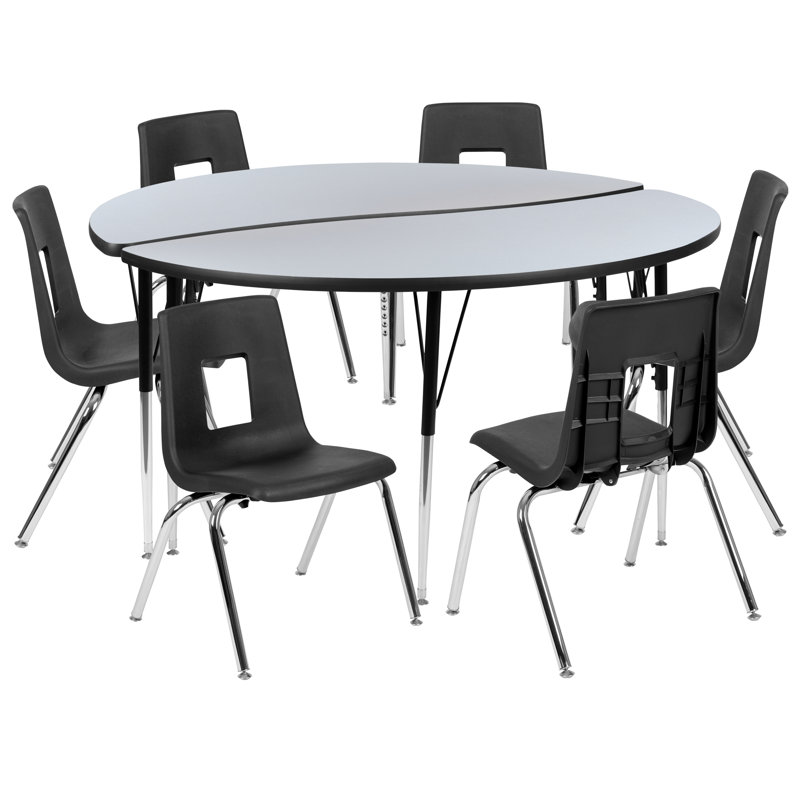 Goddard 47.5" Circle Wave Flexible Laminate Activity Table Set with 16" Student Stack Chairs, Grey/Black