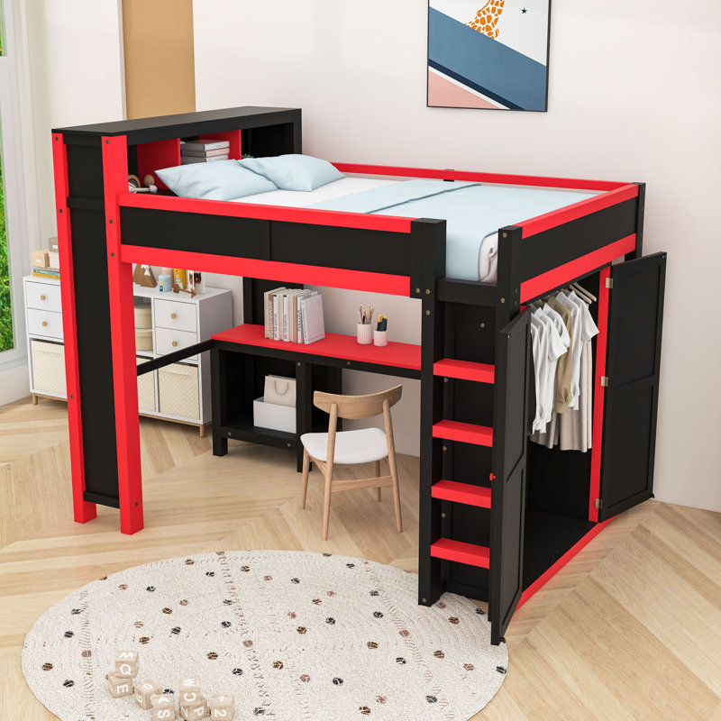 Multi-Functional Queen Size Loft Bed with Built-in Desk, Wardrobe and Storage Shelf, Red/Black