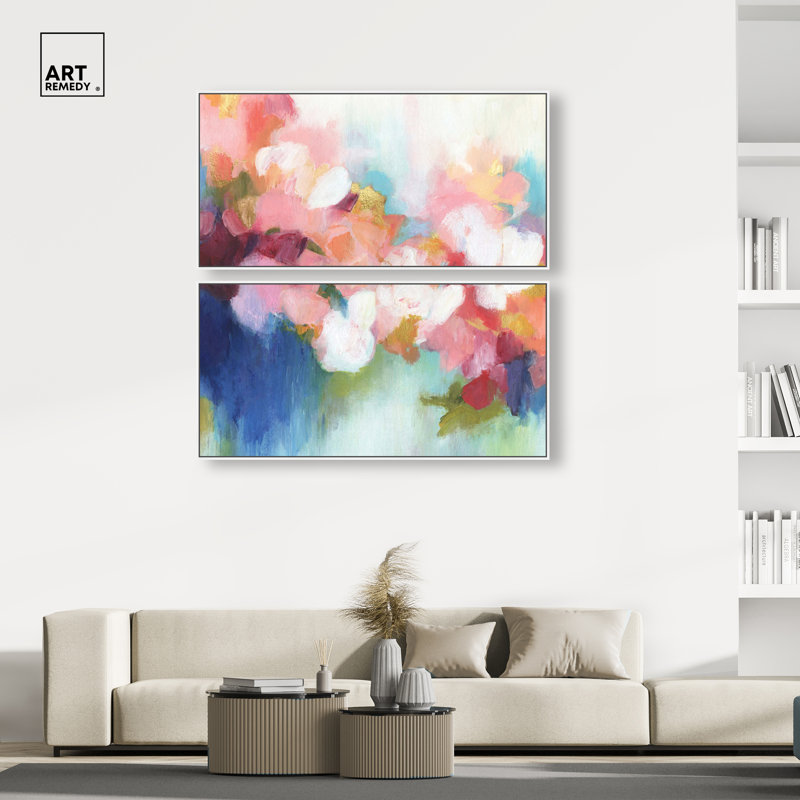 «Blooming Horizon - Ira Colmeva», grande reproduction d'art sur toile encadrée par Art Remedy, cadre blanc, 48 x 24