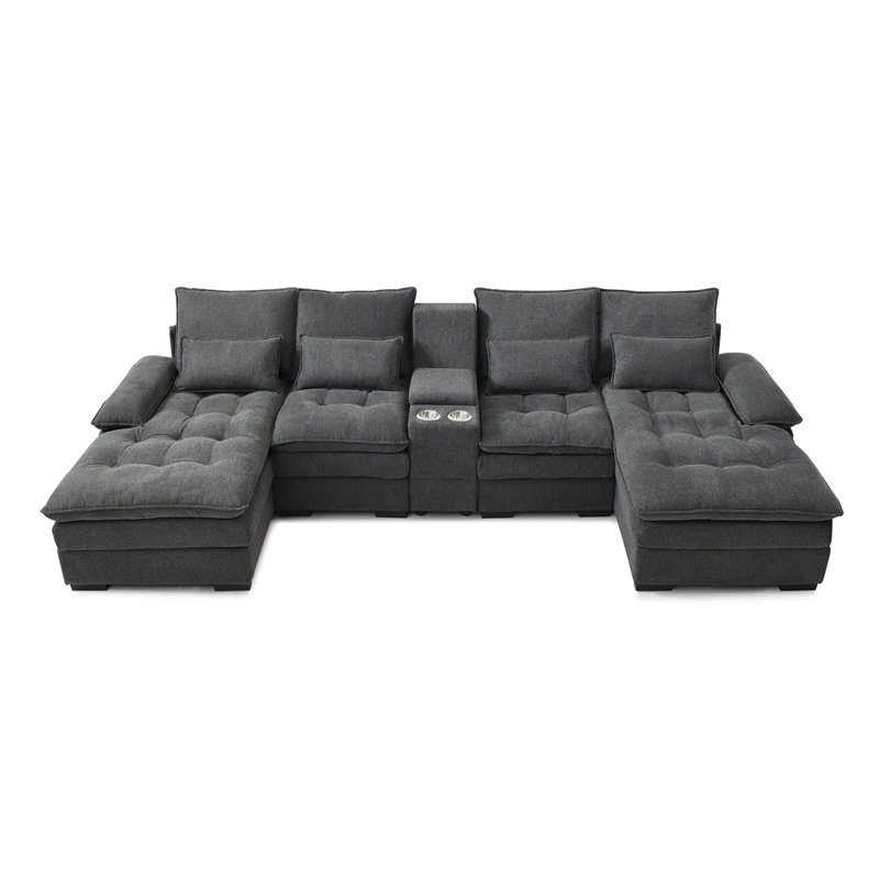 130" U-shaped Sofa with Console,Cupholders,6-seat Upholstered primary living space Furniture,Sleeper Couch Set with Chaise for Living Room,Apartment