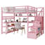 Lit mezzanine double en métal avec escalier, garde-robe, bureau, rangement, lumières DEL et station de charge, rose-386580649