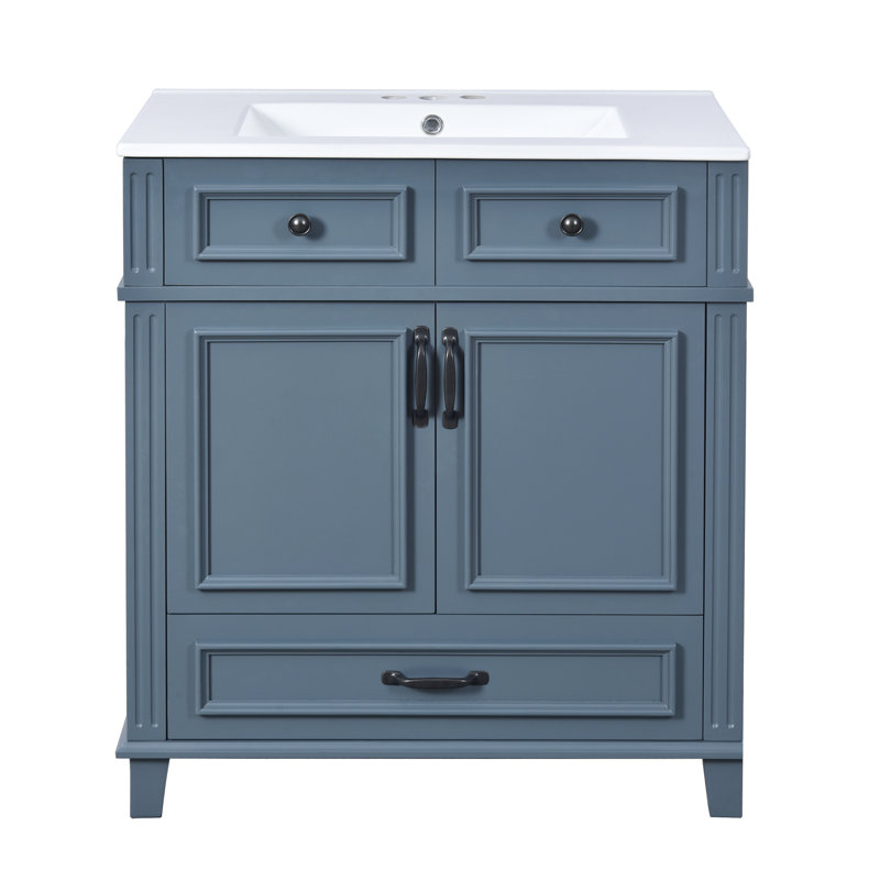 Meuble-lavabo de 30 po avec lavabo en céramique, structure en bois massif, portes à fermeture douce, style rétro, Noir, Bleu