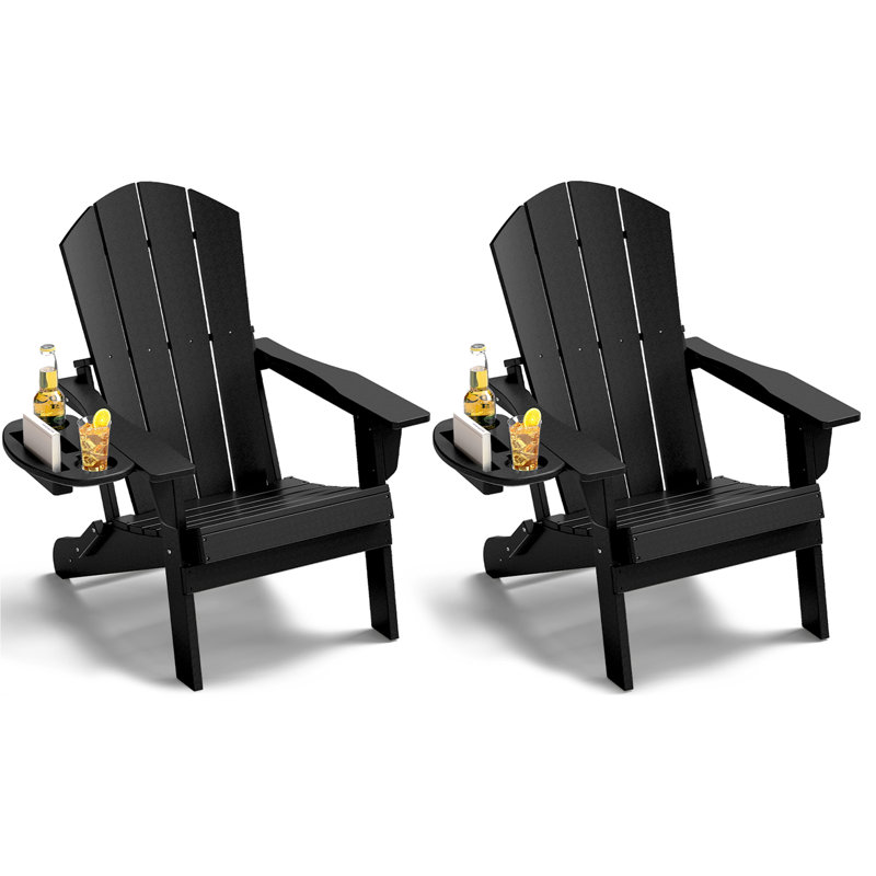 HDPE  Folding Adirondack Chair  with Cup Holder Weather-Resistant, Black