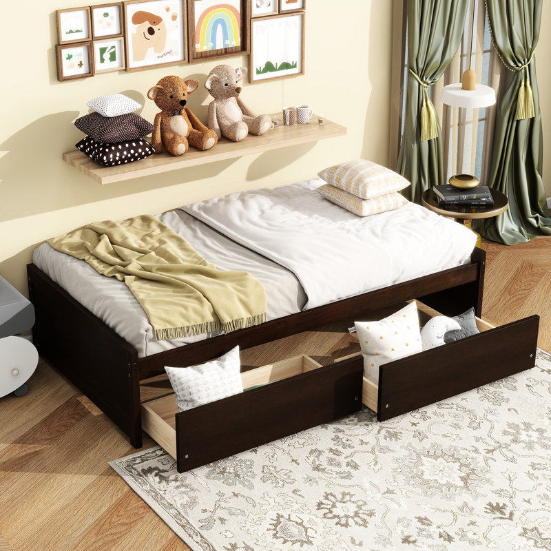 , Lit simple, tiroirs, bois d'hévéa, principe de conception minimaliste, solution de tiroir peu encombrante, structure de soutien solide, approche moderne 2, tiroirs avec roulettes, solutions de rangement pour la chambre à coucher