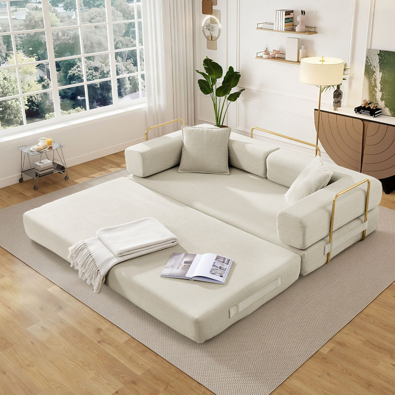 Boneless Addisin King-Size Foldable Sleeper Sofa Bed – Convertible Compression Mattress Couch with 2 Removable Bolster Armrests & 2 Pillows