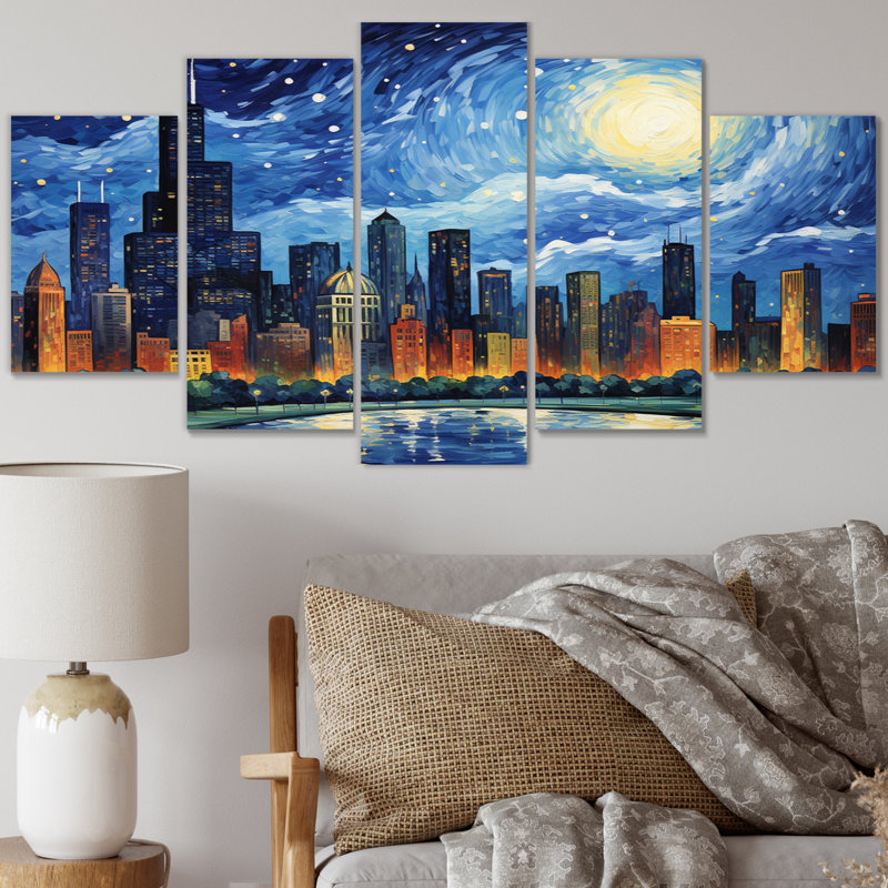 Chicago the Starry Night - 5 pièces, reproduction sur toile tendue
