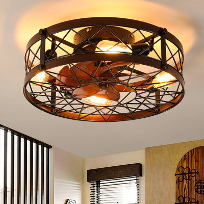 Caged Ceiling Fans With Lights Black, 20 Inch Flush Mount Ceiling Fan Light, Farmhouse Small Ceiling Fan With Light Fixture, Reversible Fan For Bedroom (Including E26 Bulbs)