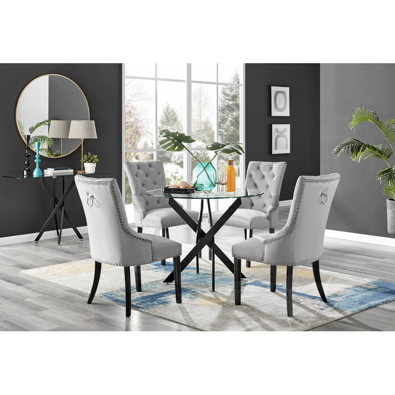 Tierra Sleek Metal and Glass 4 Seat Round Dining Table Set with 4 Luxury Faux Leather Dining Chairs, Gray/Black