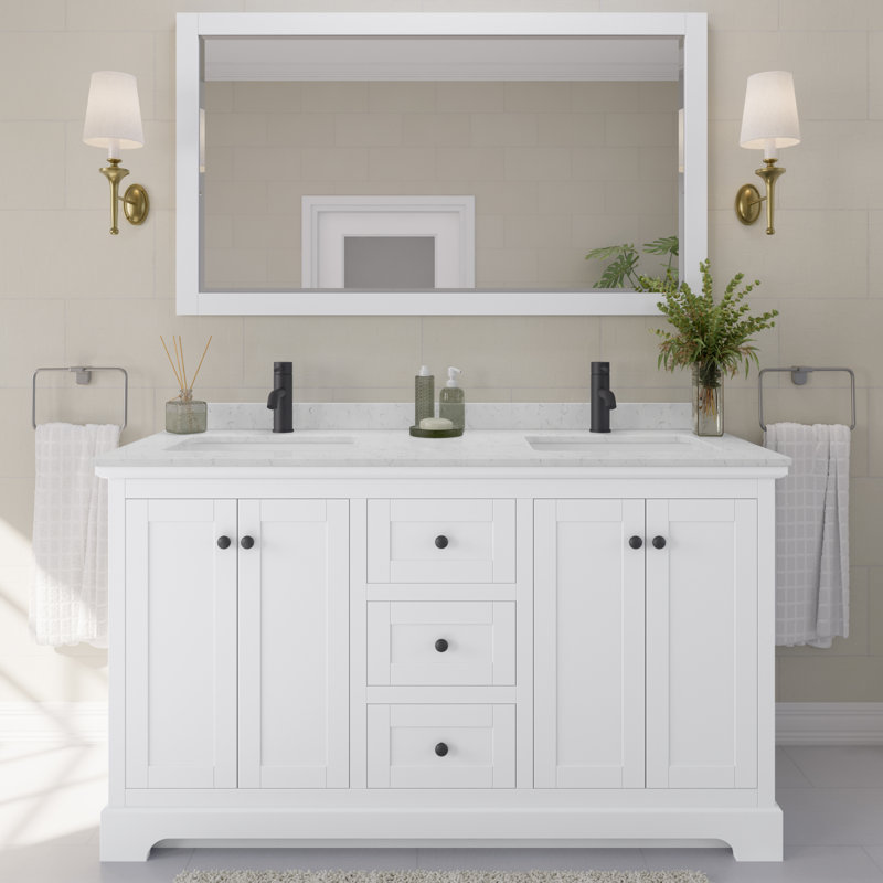 Ensemble de meuble-lavabo double 60 "avec miroir Avery, Marbre de culture de Carrare, Blanc, Noir mat