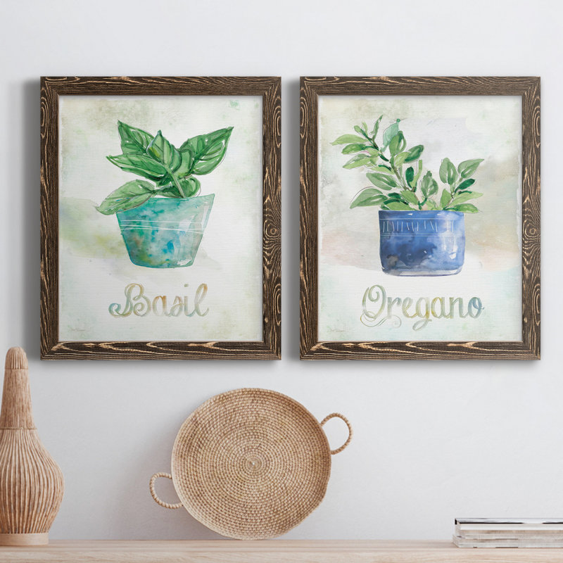 Basilic en pot - ensemble de 2 peintures sur toile encadrées, H 31,5 po x l 47 po x P 1,5 po, Encadré de bois de noyer