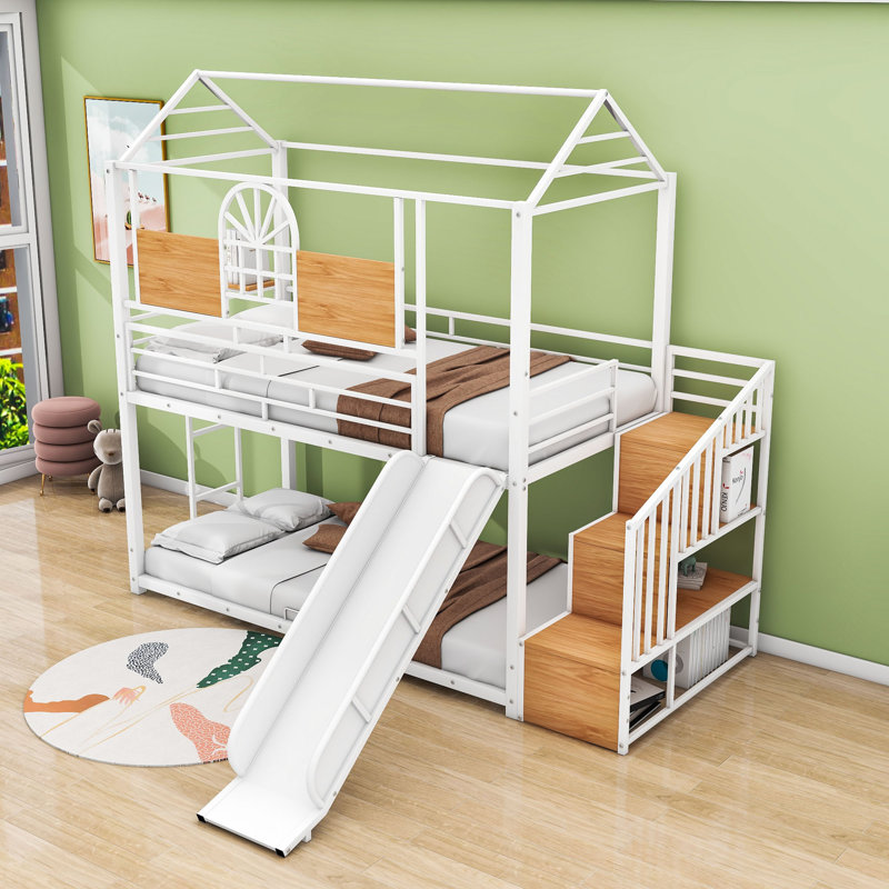 Lit superposé simple au-dessus de simple avec glissière et escalier de rangement Hamler, Blanc