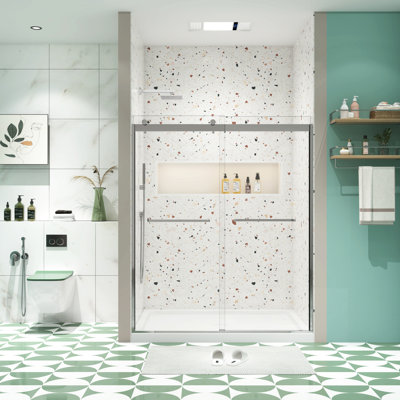 Porte de douche double coulissante à double coulissement en finition nickel brossé, trempé 5/16 po, rail supérieur, quincaillerie en acier inoxydable # 304, 36 000 fois ouvert - test de fermeture, traitement Nano Easy Clean, film anti-explosion,