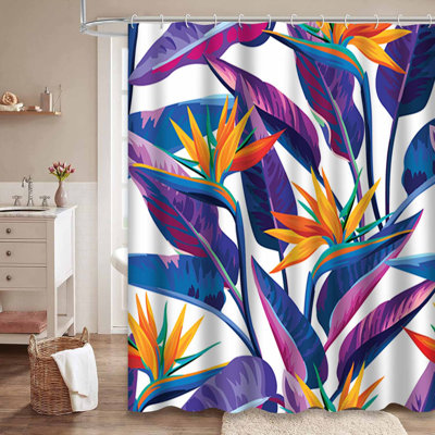 Waterproof Exotic Summer Floral Foliage Bath Tropical Strelitzia Shower Curtain with 12 Hooks