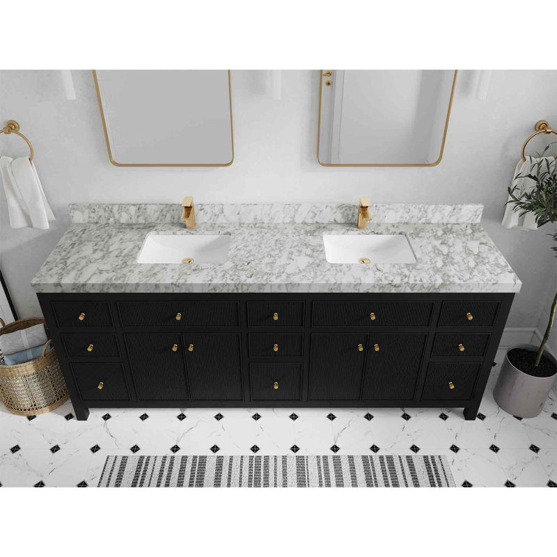 Ensemble de meuble-lavabo double 84 po, Noir, Marbre blanc de Carrare